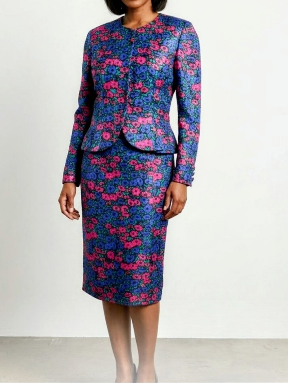 Adrianna Papell 2 piece silk skirt set floral long sleeve midi 14 plus purple